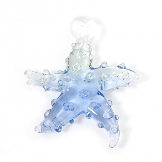 Picture of 2 PCs Lampwork Glass Ocean Jewelry Pendants Light Blue & Mint Green Two Tone Star Fish 3D 3.5cm x 3.2cm