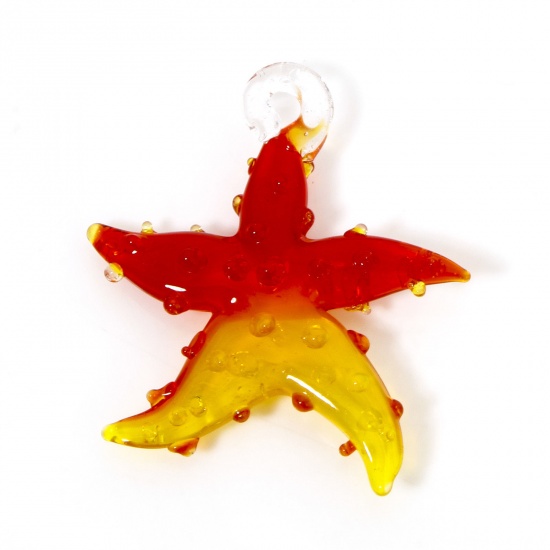 Picture of 2 PCs Lampwork Glass Ocean Jewelry Pendants Red & Yellow Two Tone Star Fish 3D 3.5cm x 3.2cm