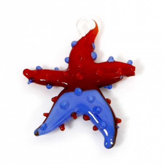 Picture of 2 PCs Lampwork Glass Ocean Jewelry Pendants Red & Blue Two Tone Star Fish 3D 3.5cm x 3.2cm