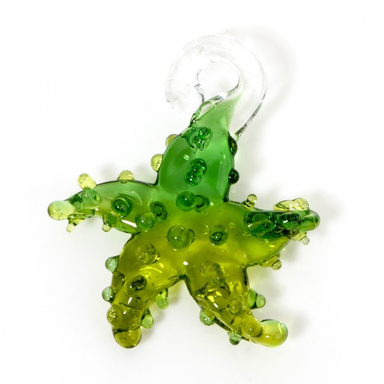 Picture of 2 PCs Lampwork Glass Ocean Jewelry Pendants Yellow-green Two Tone Star Fish 3D 3.5cm x 3.2cm