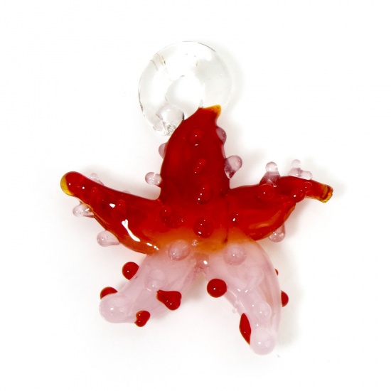 Picture of 2 PCs Lampwork Glass Ocean Jewelry Pendants Red & Pink Two Tone Star Fish 3D 3.5cm x 3.2cm