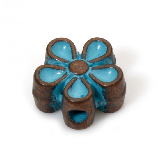 Picture of 100 PCs Zinc Based Alloy Patina Spacer Beads For DIY Jewelry Making Antique Copper Blue Flower About 7mm x 6.5mm, Hole: Approx 1.2mm