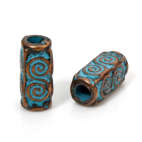 Picture of 50 PCs Zinc Based Alloy Patina Spacer Beads For DIY Jewelry Making Antique Copper Blue Cylinder Spiral About 10.5mm x 5mm, Hole: Approx 2.4mm