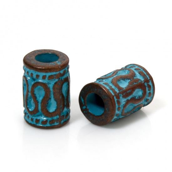 Picture of 50 PCs Zinc Based Alloy Patina Spacer Beads For DIY Jewelry Making Antique Copper Blue Cylinder Wave About 9mm x 6mm, Hole: Approx 2.8mm