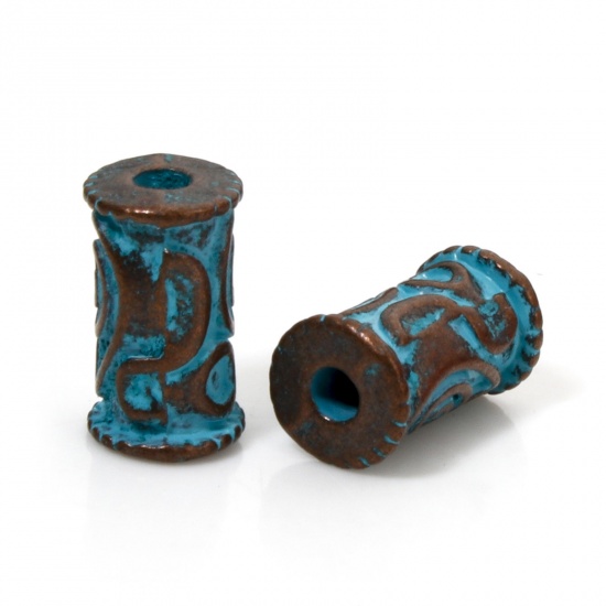 Picture of 50 PCs Zinc Based Alloy Patina Spacer Beads For DIY Jewelry Making Antique Copper Blue Cylinder Spiral About 10mm x 6mm, Hole: Approx 1.8mm