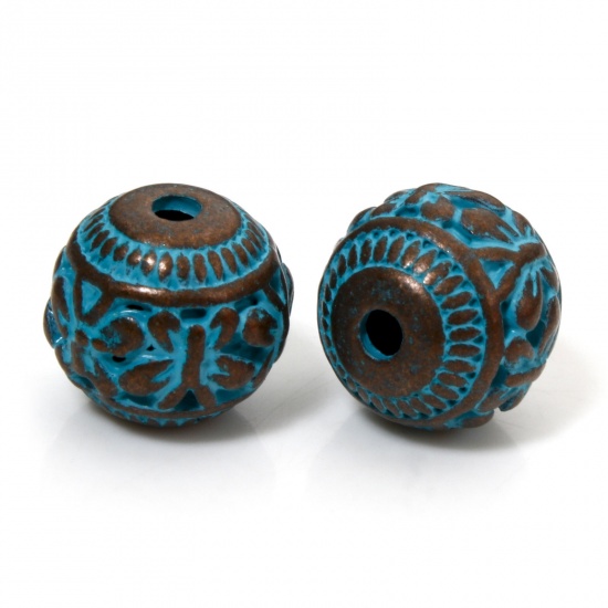 Picture of 10 PCs Zinc Based Alloy Patina Spacer Beads For DIY Jewelry Making Antique Copper Blue Round Butterfly About 10.5mm x 10mm, Hole: Approx 1.8mm