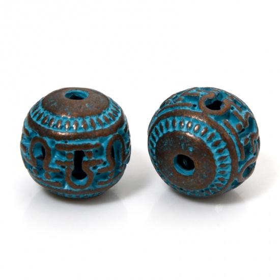 Picture of 10 PCs Zinc Based Alloy Patina Spacer Beads For DIY Jewelry Making Antique Copper Blue Lantern Carved Pattern About 10.5mm x 10mm, Hole: Approx 1.8mm