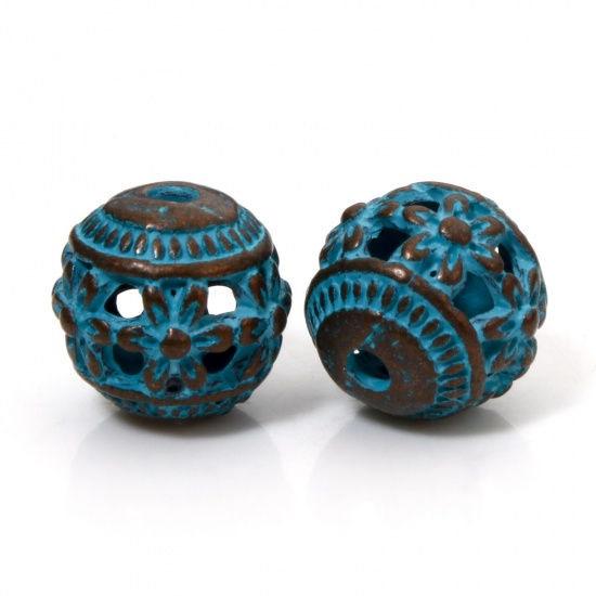 Picture of 10 PCs Zinc Based Alloy Patina Spacer Beads For DIY Jewelry Making Antique Copper Blue Lantern Filigree About 11mm x 10mm, Hole: Approx 1.8mm