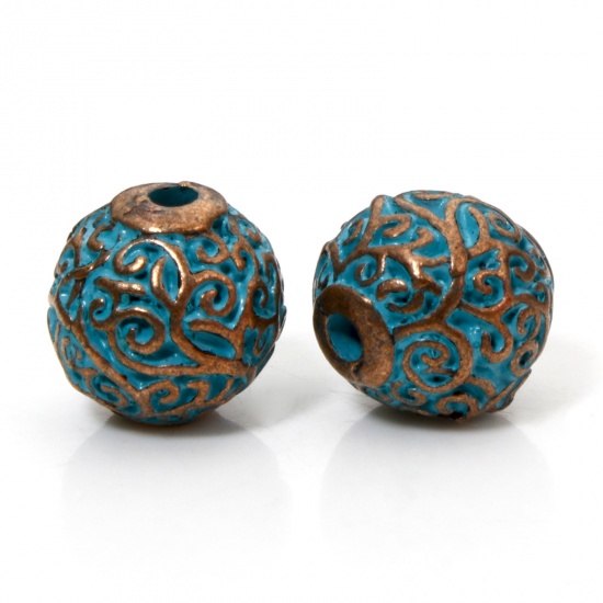 Picture of 10 PCs Zinc Based Alloy Patina Spacer Beads For DIY Jewelry Making Antique Copper Blue Round Flower Vine About 10mm Dm., Hole: Approx 1.8mm