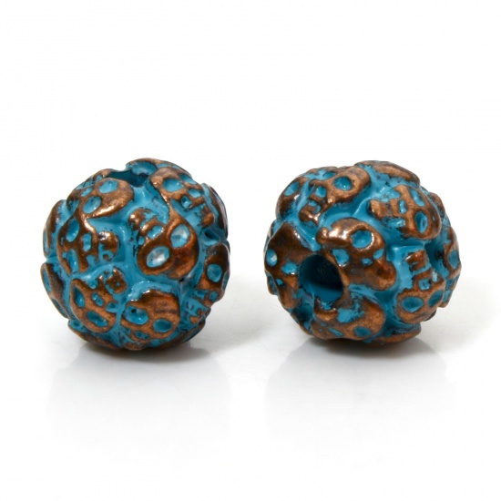 Picture of 10 PCs Zinc Based Alloy Patina Spacer Beads For DIY Jewelry Making Antique Copper Blue Round Skull About 10mm Dm., Hole: Approx 2.4mm