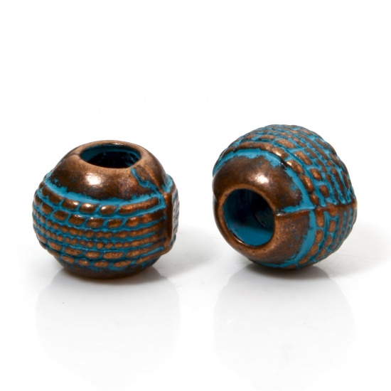 Picture of 10 PCs Zinc Based Alloy Patina Spacer Beads For DIY Jewelry Making Antique Copper Blue Drum Stripe About 11mm x 9mm, Hole: Approx 4mm