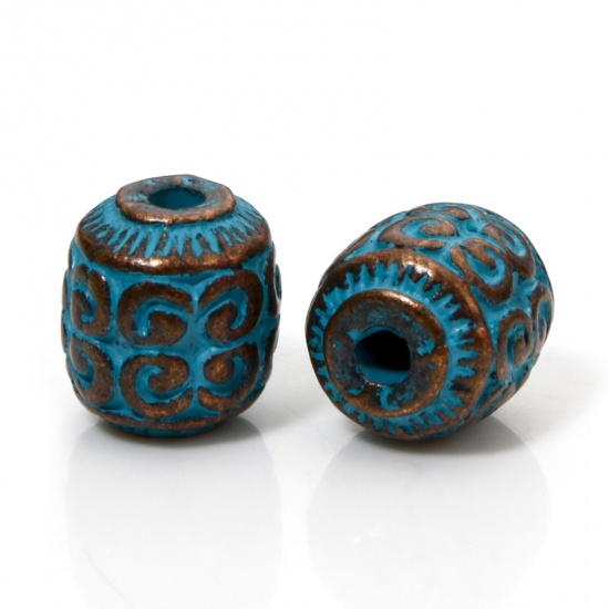 Picture of 10 PCs Zinc Based Alloy Patina Spacer Beads For DIY Jewelry Making Antique Copper Blue Barrel Carved Pattern About 10mm x 9mm, Hole: Approx 1.8mm