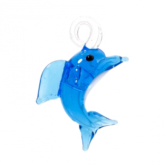 Picture of 2 PCs Lampwork Glass Ocean Jewelry Pendants Dolphin Animal Blue 3D About 4.3cm x 3.2cm