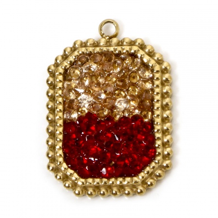 Picture of 1 Piece Eco-friendly Vacuum Plating 304 Stainless Steel Charmes Gold Plated Octagon Red Rhinestone 21mm x 15mm