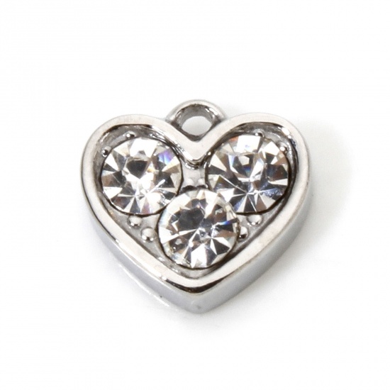 Immagine di 1 Pz 304 Acciaio Inossidabile San Valentino Ciondoli Cuore Tono Argento Trasparente Strass 8mm x 7.5mm