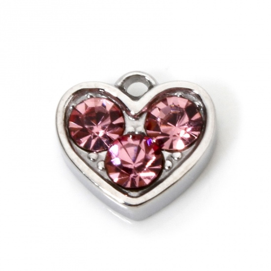 Immagine di 1 Pz 304 Acciaio Inossidabile San Valentino Ciondoli Cuore Tono Argento Roso Strass 8mm x 7.5mm