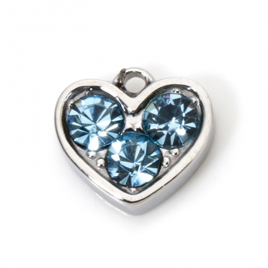 Immagine di 1 Pz 304 Acciaio Inossidabile San Valentino Ciondoli Cuore Tono Argento Blu Strass 8mm x 7.5mm