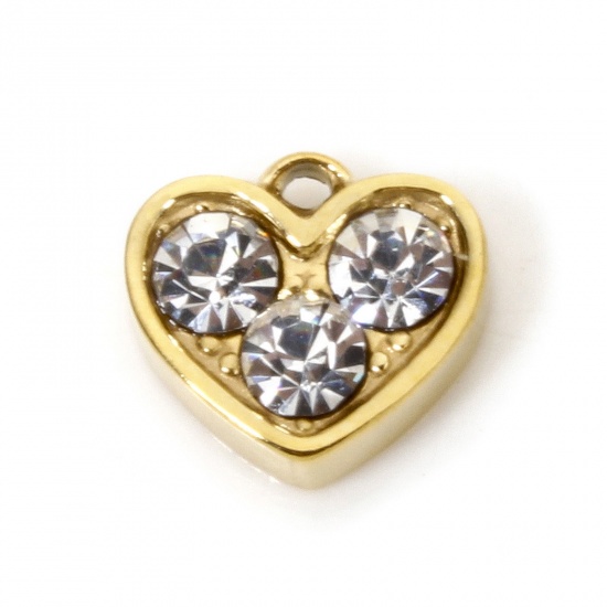 Immagine di 1 Pz Placcatura Sottovuoto Ecologica 304 Acciaio Inossidabile San Valentino Ciondoli Cuore Oro Placcato Trasparente Strass 8mm x 7.5mm