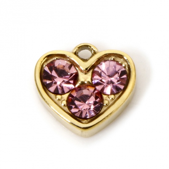 Immagine di 1 Pz Placcatura Sottovuoto Ecologica 304 Acciaio Inossidabile San Valentino Ciondoli Cuore Oro Placcato Roso Strass 8mm x 7.5mm