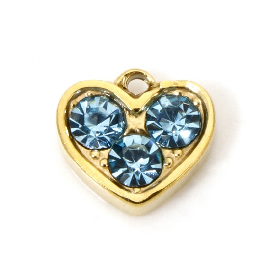 Immagine di 1 Pz Placcatura Sottovuoto Ecologica 304 Acciaio Inossidabile San Valentino Ciondoli Cuore Oro Placcato Blu Strass 8mm x 7.5mm