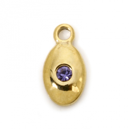 Immagine di 1 Pz Placcatura Sottovuoto Ecologica 304 Acciaio Inossidabile Ciondoli Ovale Oro Placcato Ametista Strass 12mm x 6mm