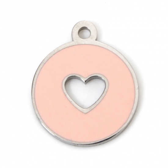 Picture of 1 Piece Eco-friendly 304 Stainless Steel Geometric Charmes Silver Tone Round Heart Enamel 12.5mm x 10.5mm