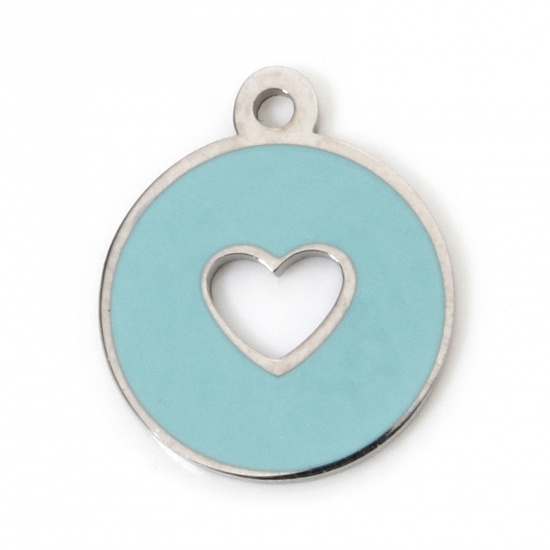 Picture of 1 Piece Eco-friendly 304 Stainless Steel Geometric Charmes Silver Tone Round Heart Enamel 12.5mm x 10.5mm