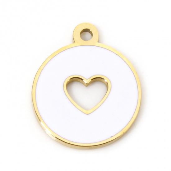 Picture of 1 Piece Eco-friendly Vacuum Plating 304 Stainless Steel Geometric Charmes Gold Plated Round Heart Enamel 12.5mm x 10.5mm