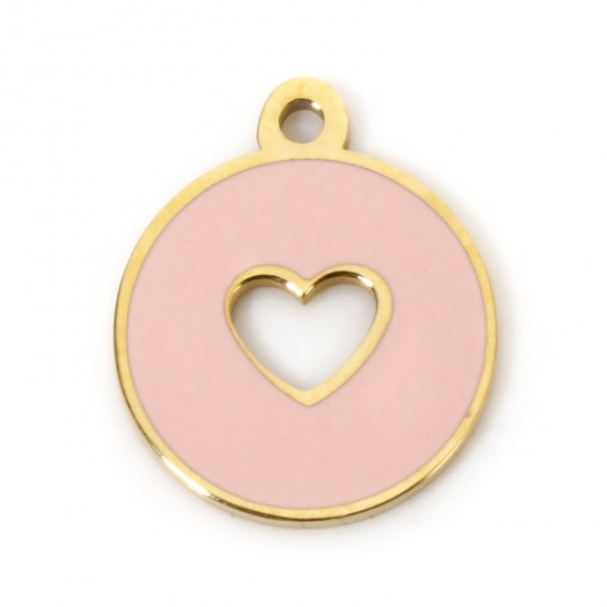 Picture of 1 Piece Eco-friendly Vacuum Plating 304 Stainless Steel Geometric Charmes Gold Plated Round Heart Enamel 12.5mm x 10.5mm