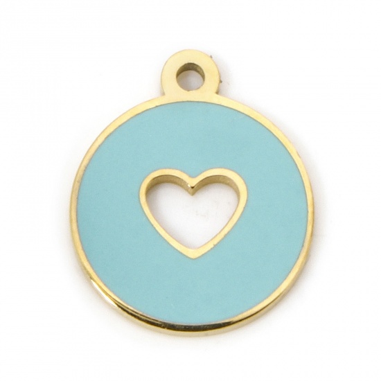 Picture of 1 Piece Eco-friendly Vacuum Plating 304 Stainless Steel Geometric Charmes Gold Plated Round Heart Enamel 12.5mm x 10.5mm