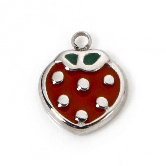 Picture of 1 Piece Eco-friendly 304 Stainless Steel Charmes Silver Tone Strawberry Fruit Enamel 10mm x 8.5mm