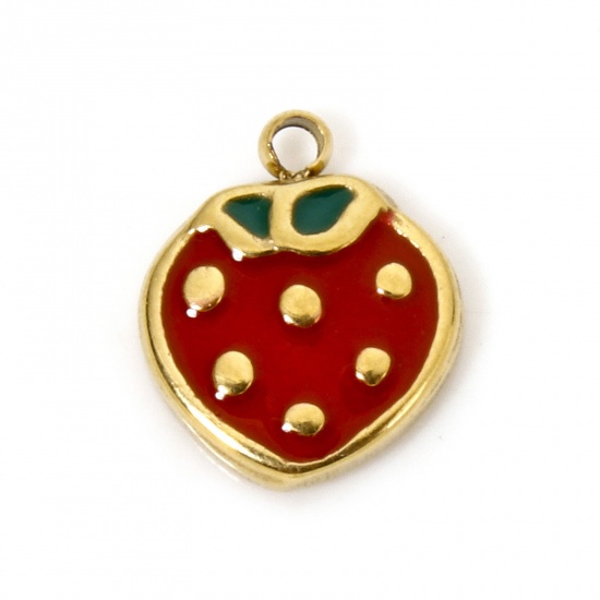 Picture of 1 Piece Eco-friendly Vacuum Plating 304 Stainless Steel Charmes Gold Plated Strawberry Fruit Enamel 10mm x 8.5mm