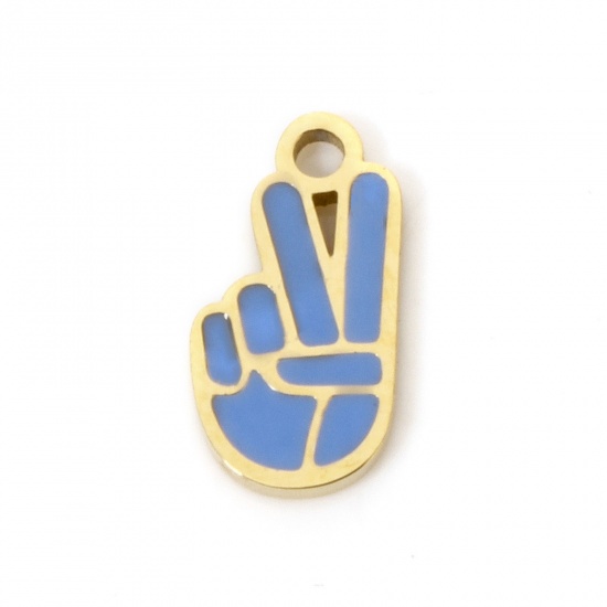 Picture of 1 Piece Eco-friendly Vacuum Plating 304 Stainless Steel Charmes Gold Plated Hand Sign Gesture Enamel 10mm x 5.5mm