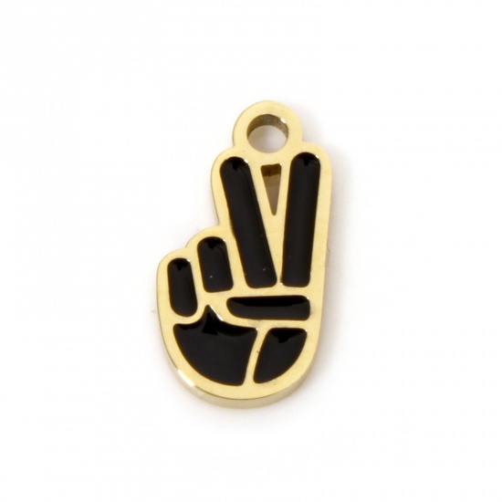 Picture of 1 Piece Eco-friendly Vacuum Plating 304 Stainless Steel Charmes Gold Plated Hand Sign Gesture Enamel 10mm x 5.5mm