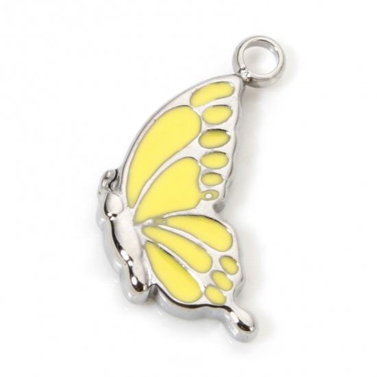 Picture of 1 Piece Eco-friendly 304 Stainless Steel Insect Charmes Silver Tone Butterfly Animal Enamel 14mm x 8mm