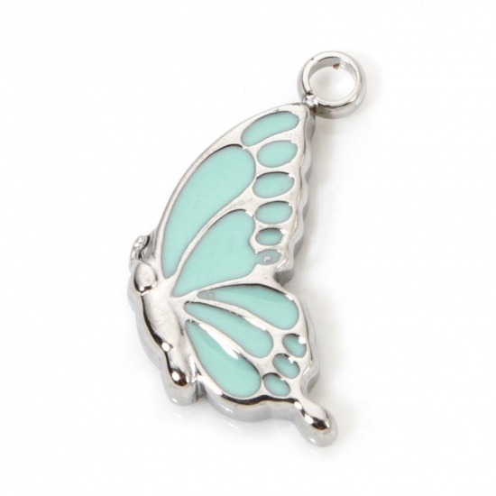 Picture of 1 Piece Eco-friendly 304 Stainless Steel Insect Charmes Silver Tone Butterfly Animal Enamel 14mm x 8mm