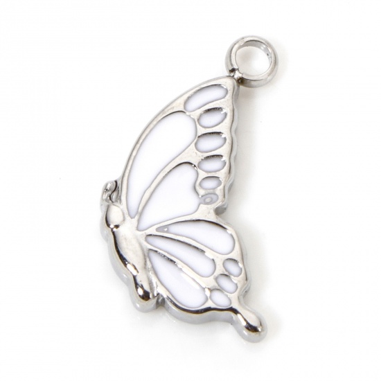 Picture of 1 Piece Eco-friendly 304 Stainless Steel Insect Charmes Silver Tone Butterfly Animal Enamel 14mm x 8mm