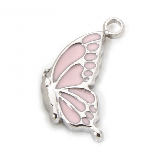 Picture of 1 Piece Eco-friendly 304 Stainless Steel Insect Charmes Silver Tone Butterfly Animal Enamel 14mm x 8mm