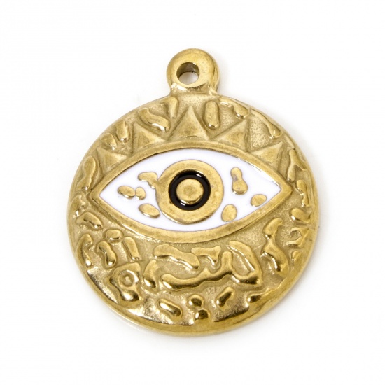 Picture of 2 PCs Eco-friendly Vacuum Plating 304 Stainless Steel Religious Disc Charms Gold Plated White Round Evil Eye Enamel 23mm x 19.5mm