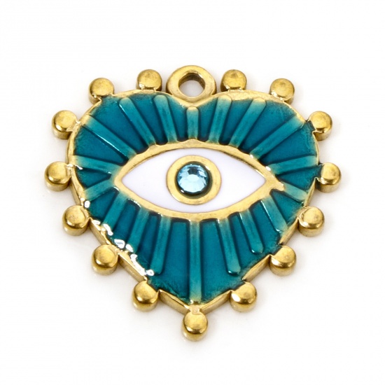 Picture of 1 Piece Eco-friendly Vacuum Plating 304 Stainless Steel Religious Charmes Gold Plated Peacock Green Heart Evil Eye Rhinestone 20mm x 19.5mm