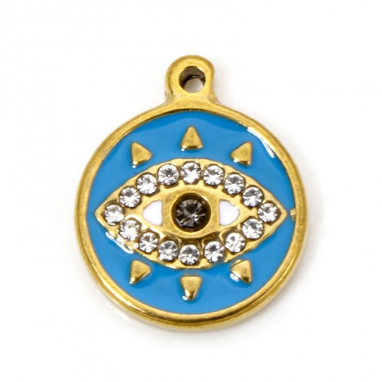 Picture of 1 Piece Eco-friendly Vacuum Plating 304 Stainless Steel Religious Disc Charms Gold Plated Blue Round Evil Eye Rhinestone 18.5mm x 15.5mm