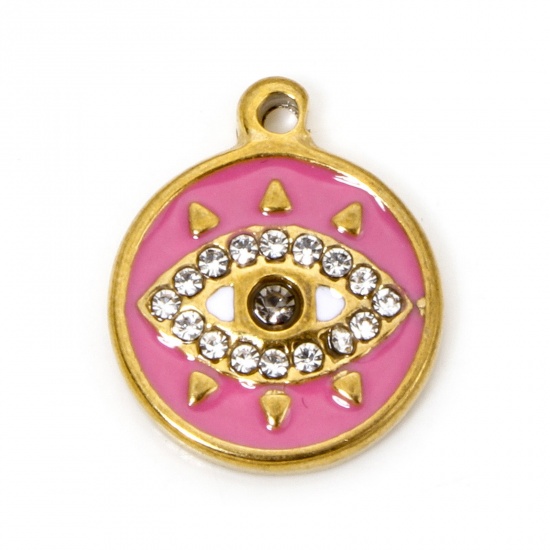 Picture of 1 Piece Eco-friendly Vacuum Plating 304 Stainless Steel Religious Disc Charms Gold Plated Fuchsia Round Evil Eye Rhinestone 18.5mm x 15.5mm