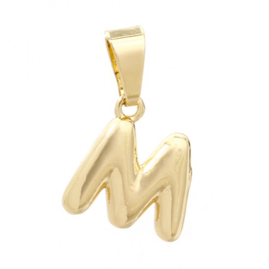 Picture of 2 PCs Brass Charm Pendant 18K Gold Plated Capital Alphabet Initial Letter Message " M " 18mm x 12mm