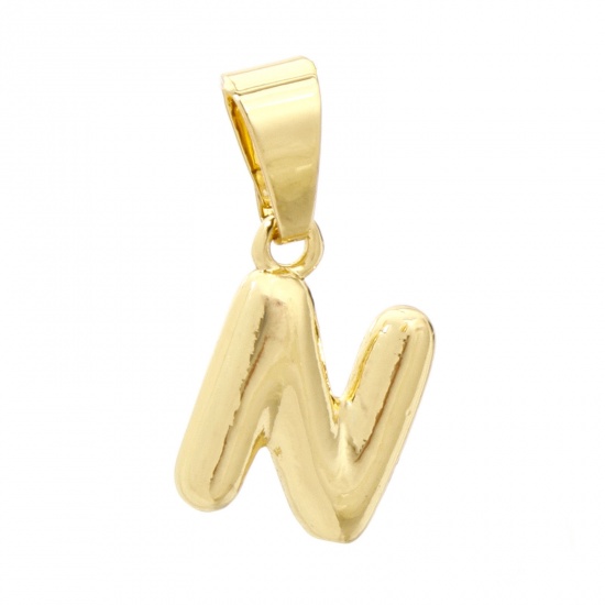 Picture of 2 PCs Brass Charm Pendant 18K Gold Plated Capital Alphabet Initial Letter Message " N " 18mm x 8.5mm