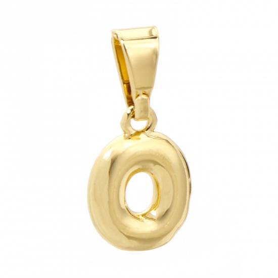 Picture of 2 PCs Brass Charm Pendant 18K Gold Plated Capital Alphabet Initial Letter Message " O " 18mm x 8.5mm