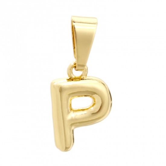 Picture of 2 PCs Brass Charm Pendant 18K Gold Plated Capital Alphabet Initial Letter Message " P " 18mm x 8mm