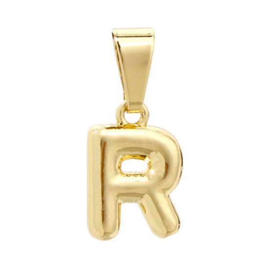 Picture of 2 PCs Brass Charm Pendant 18K Gold Plated Capital Alphabet Initial Letter Message " R " 18mm x 8mm