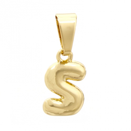 Picture of 2 PCs Brass Charm Pendant 18K Gold Plated Capital Alphabet Initial Letter Message " S " 18mm x 7mm