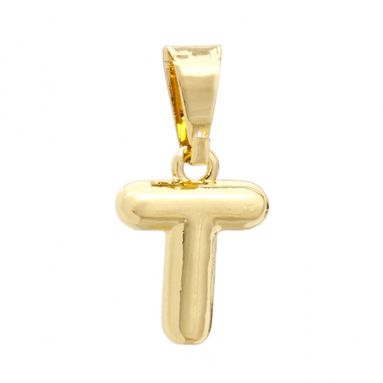 Picture of 2 PCs Brass Charm Pendant 18K Gold Plated Capital Alphabet Initial Letter Message " T " 18mm x 9mm