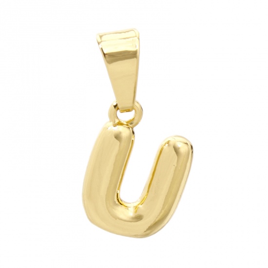 Picture of 2 PCs Brass Charm Pendant 18K Gold Plated Capital Alphabet Initial Letter Message " U " 18mm x 8.5mm